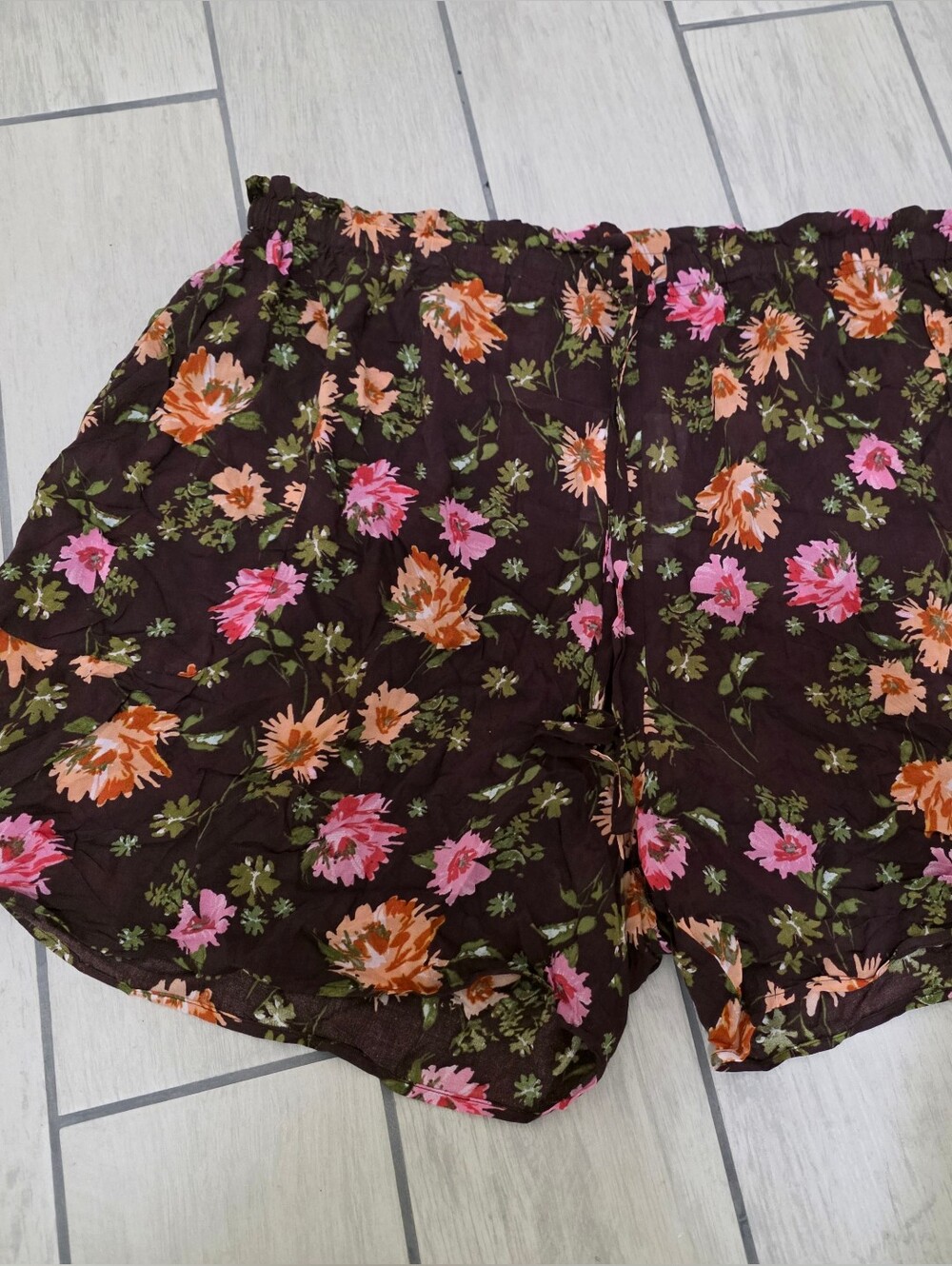 DR2 Floral Rayon Shorts - Brown with Pink & Orange Flowers